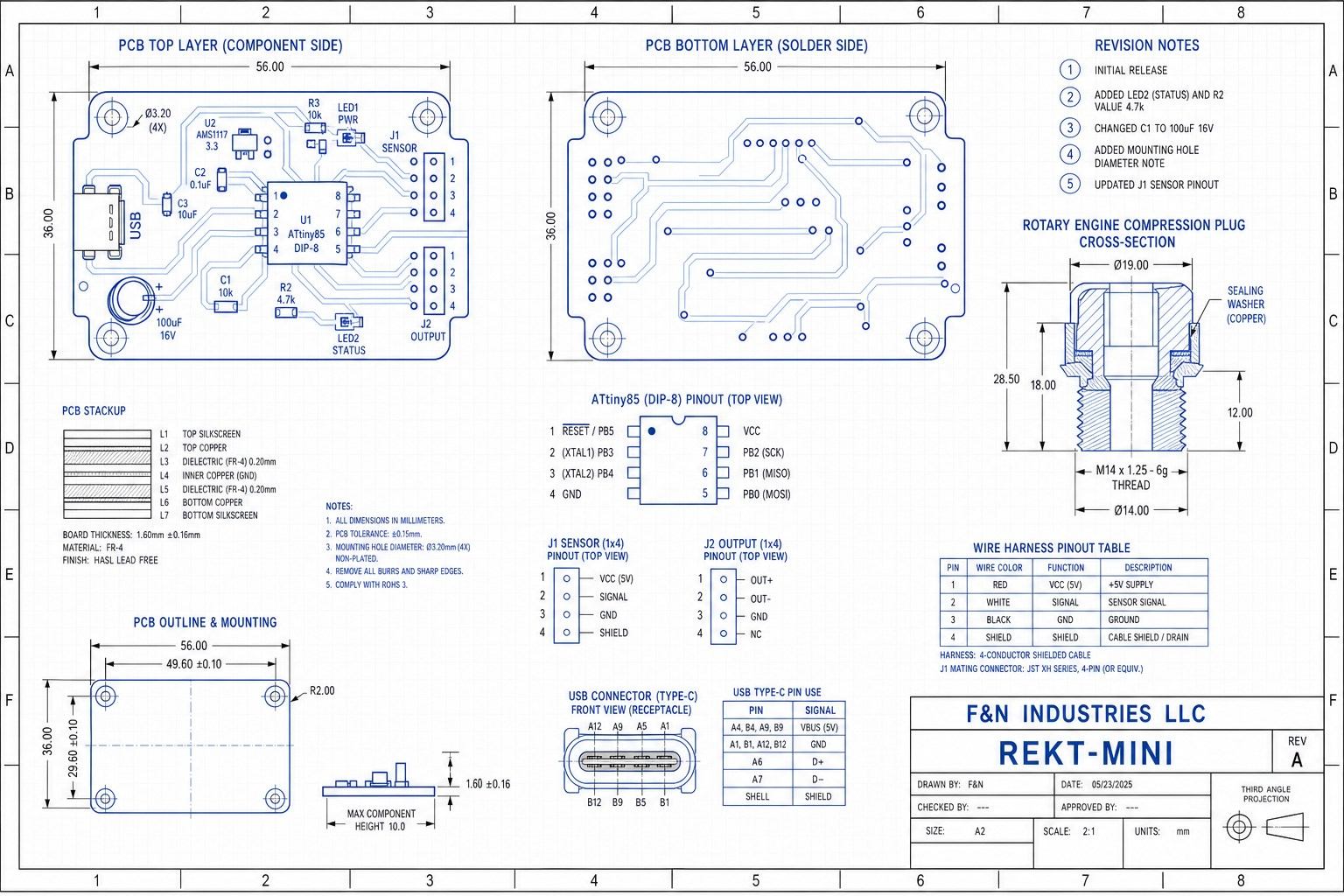 Technical schematic of REKT-Mini PCB and rotary engine compression plug assembly